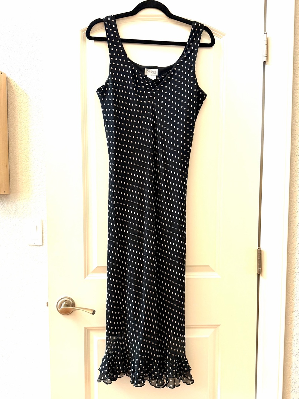 Willi Smith 100% Silk Polka Dot Midi Tank Dress w Ruffle. SZ 14. Preppy. Y2K